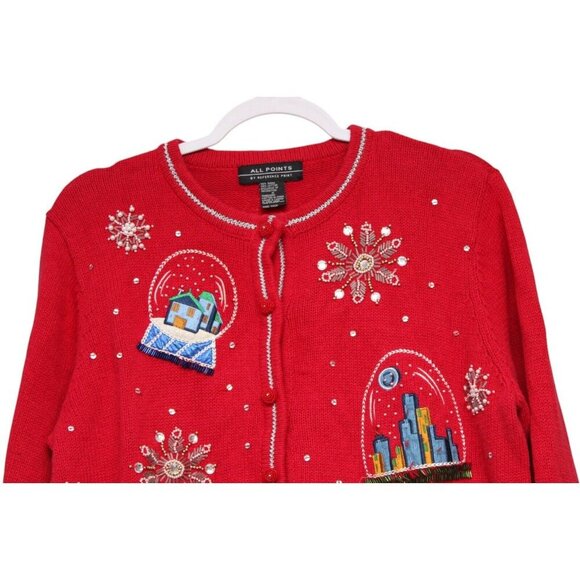 Vintage 90s Cardigan Sweater Medium Embroidered Sequin Beaded Holiday Winter - Picture 2 of 12